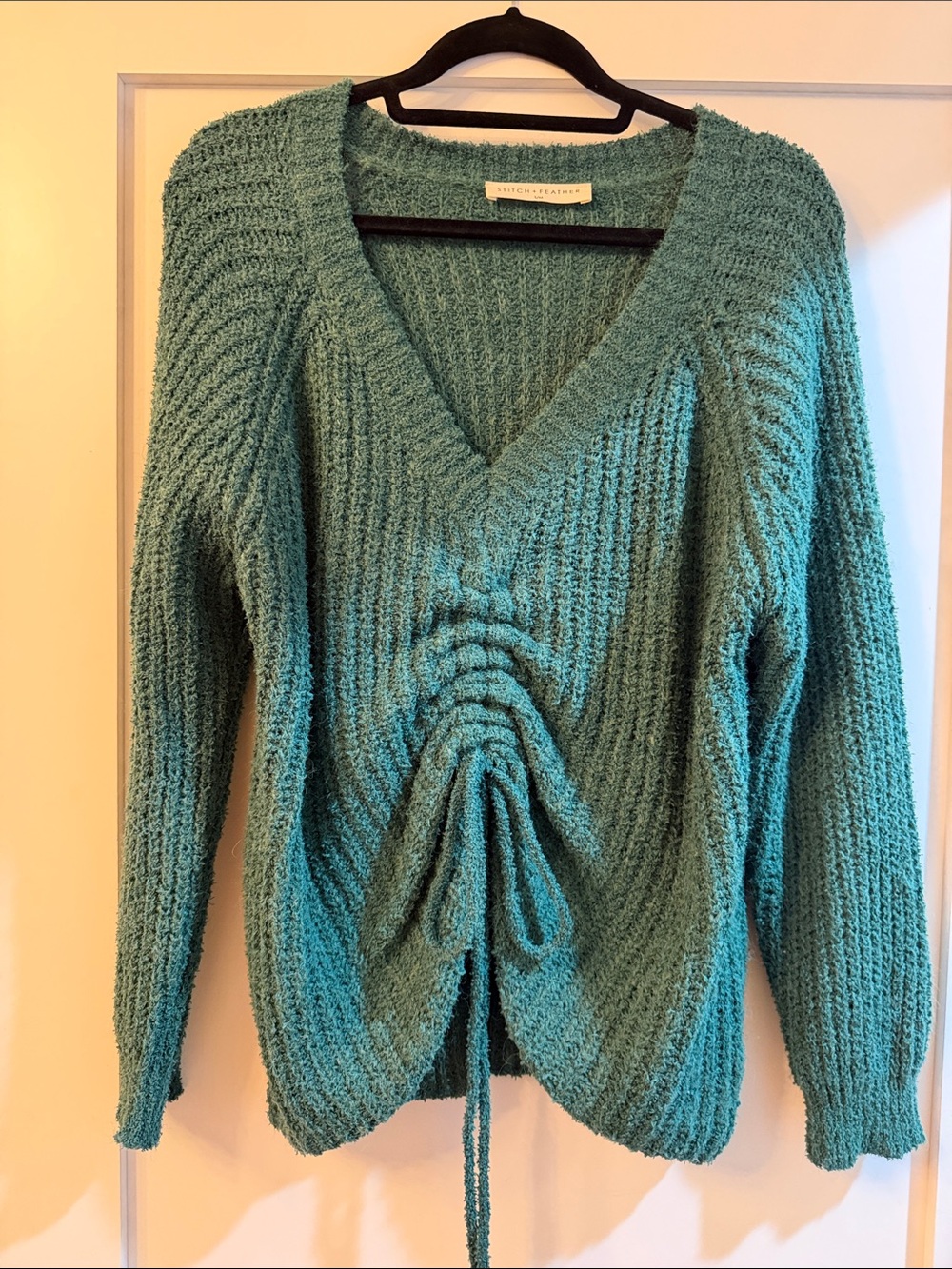Ruched Teal V-Neck Sweater